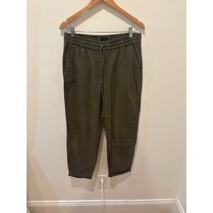 J Crew Linen Blend Cropped Pants Olive Green Elastic Waist Drawstring Size 10